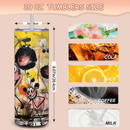 ColorFlow | Playful Doodle Mouse Trio Tumbler | 20oz Stainless Steel Travel Cup | Funny Cartoon Art Mug | Cute Gift for Coffee Lovers