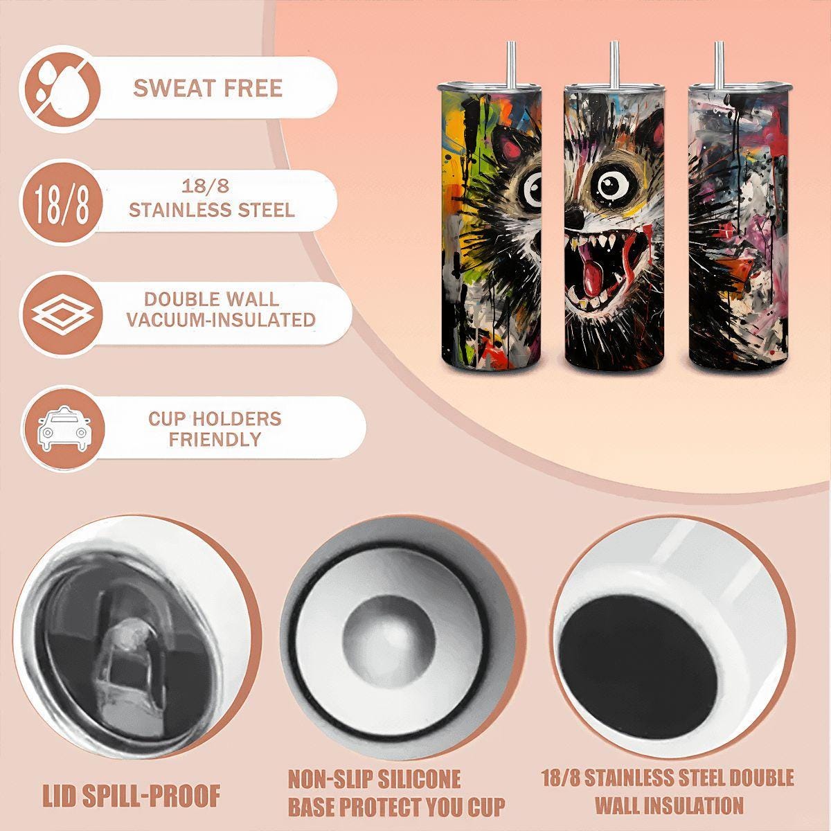 ColorFlow | Wild Doodle Raccoon Art Tumbler | 20oz Stainless Steel Travel Cup | Funny Animal Coffee Mug | Unique Art Gift
