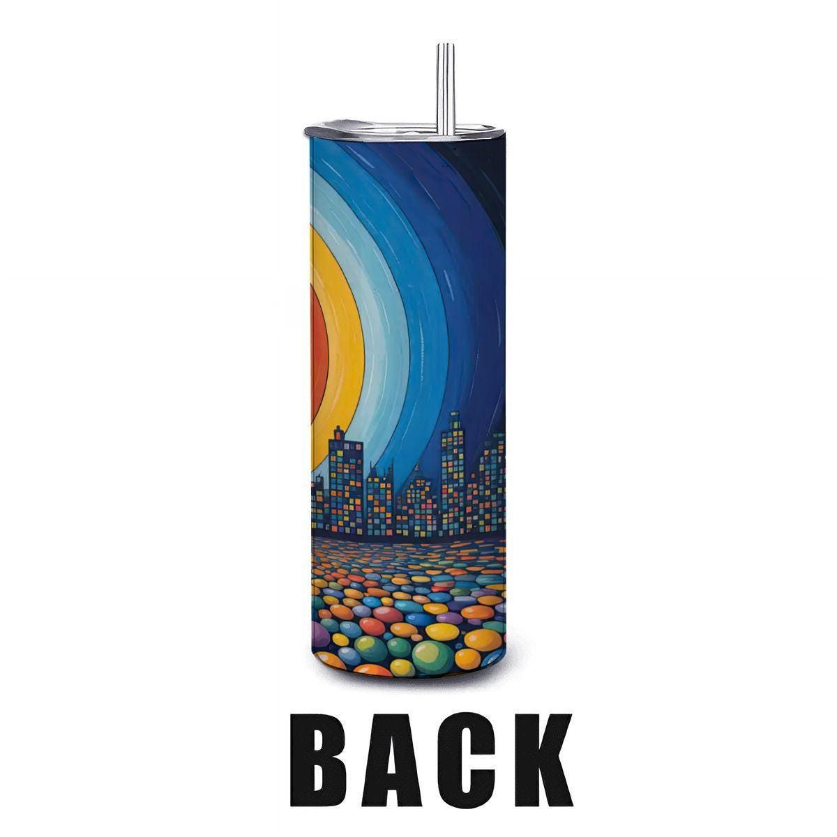 ColorFlow | Radiant City Sunset Tumbler | 20oz Stainless Steel Cup with Straw | Colorful Skyline Art | Modern Travel Mug