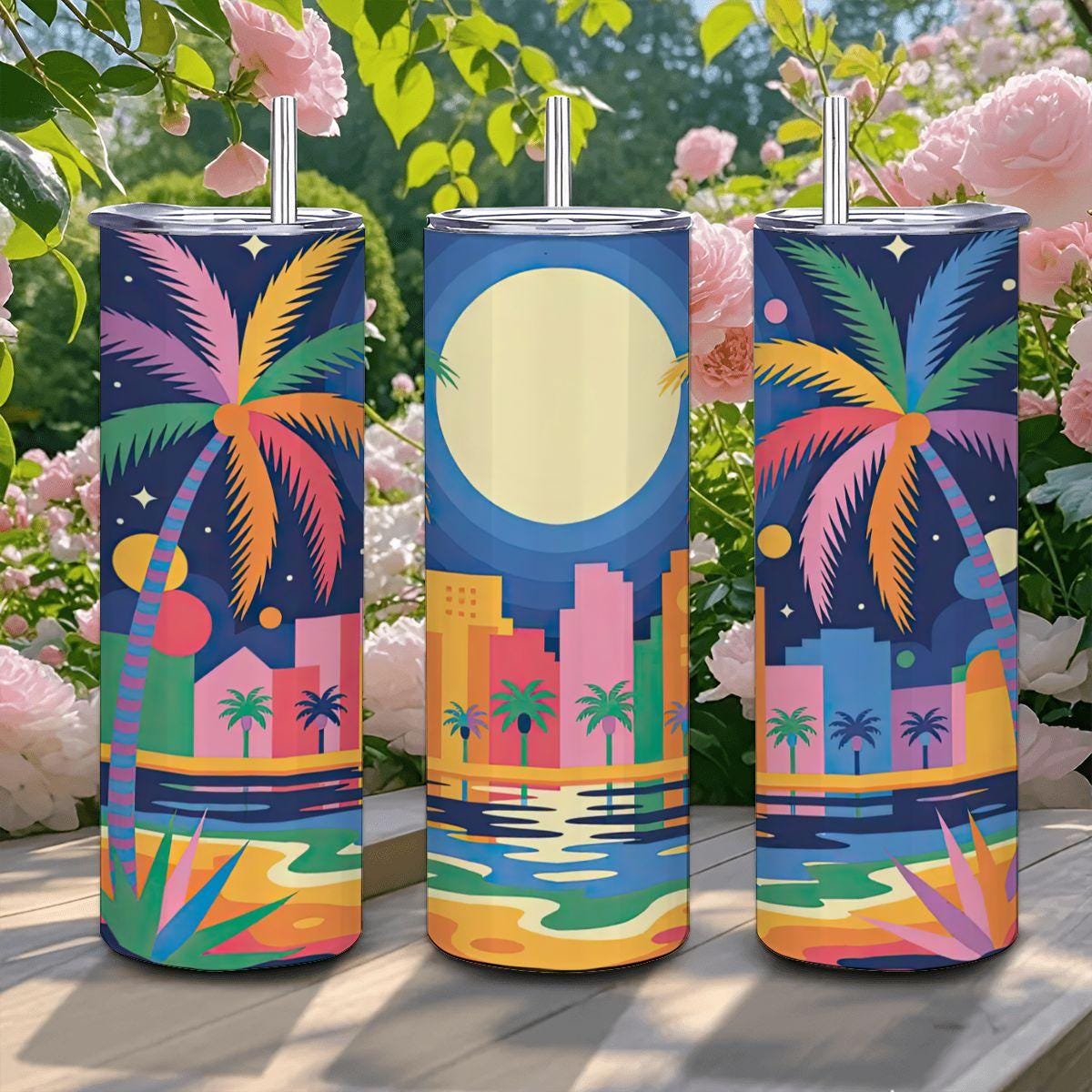 ColorFlow | Tropical Sunset City Tumbler | 20oz Stainless Steel Cup with Straw | Palm Beach Art | Summer Vibes Gift