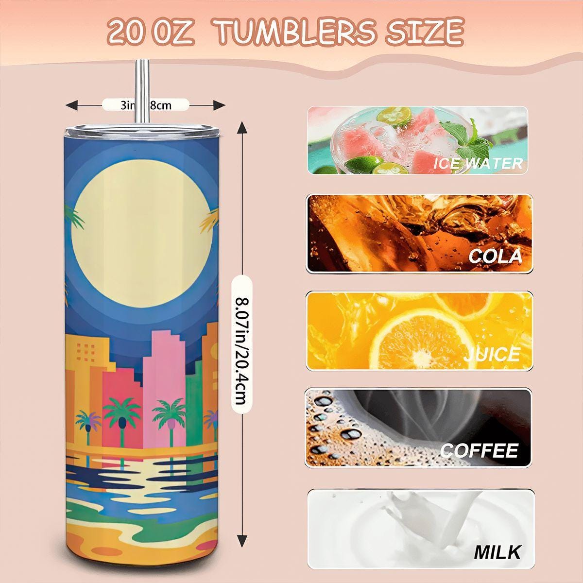 ColorFlow | Tropical Sunset City Tumbler | 20oz Stainless Steel Cup with Straw | Palm Beach Art | Summer Vibes Gift