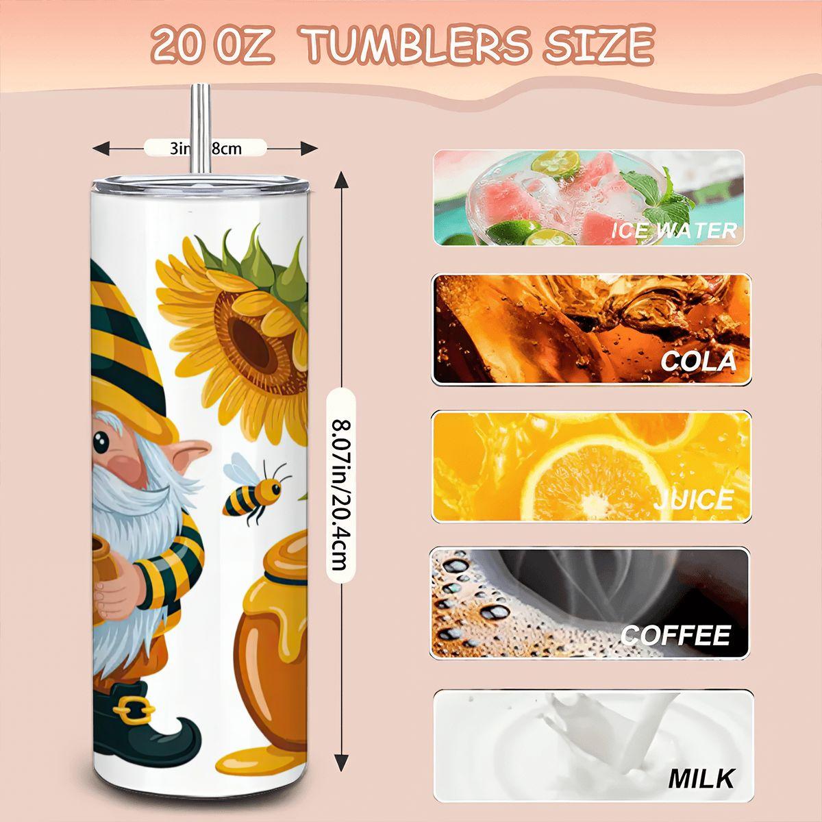 ColorFlow | Honey Bee Gnome Tumbler | 20oz Stainless Steel Cup with Straw | Sunflower Art Mug | Cute Garden Gift