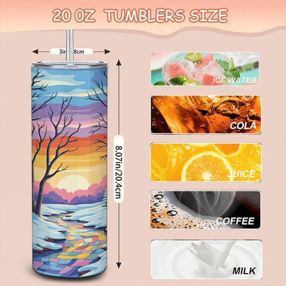 ColorFlow | Winter Sunset Landscape Tumbler | 20oz Stainless Steel Cup with Straw | Snowy Forest Art Mug | Nature Gift