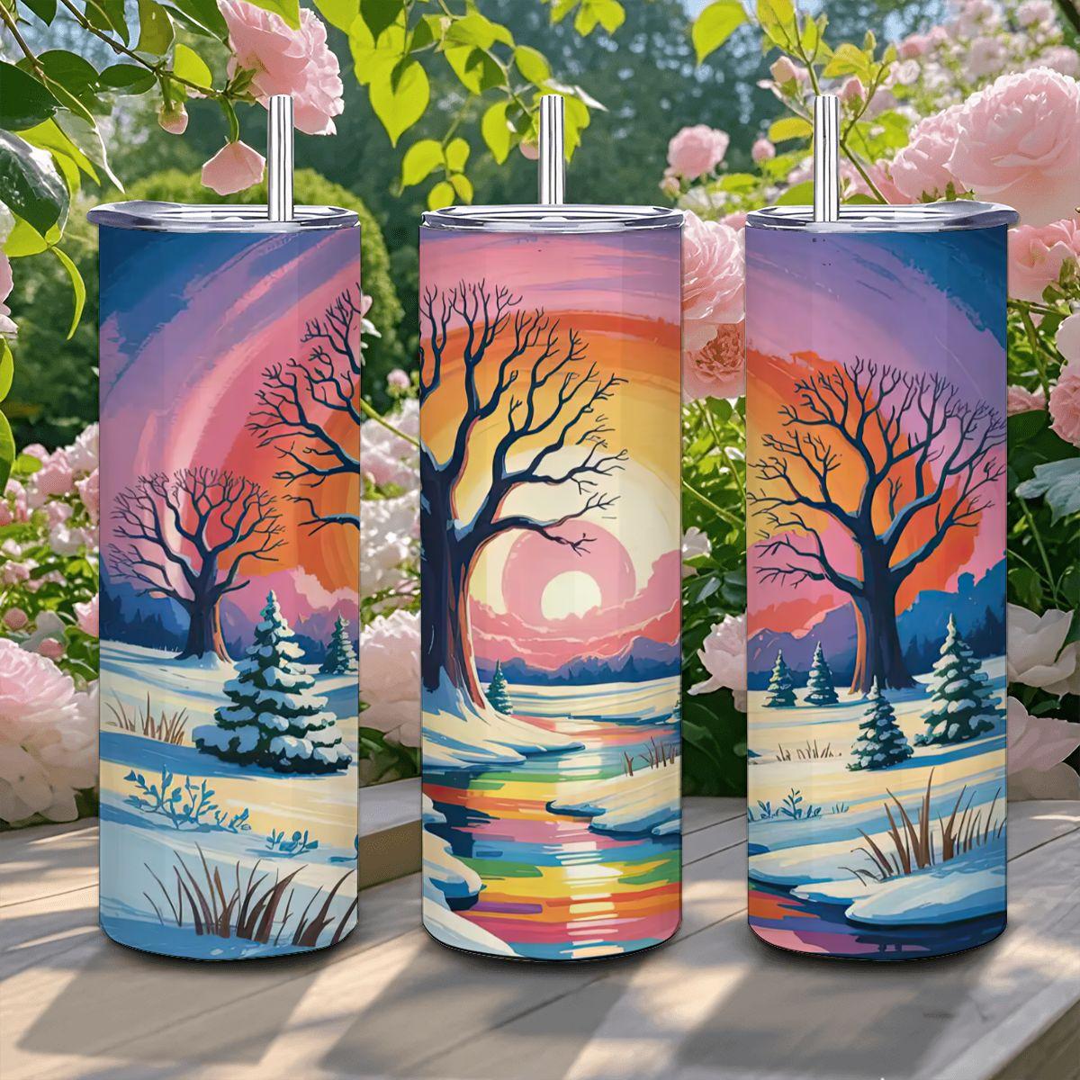 ColorFlow | Radiant Winter Sunset Tumbler | 20oz Stainless Steel Cup with Straw | Snowy Landscape Art | Nature Gift