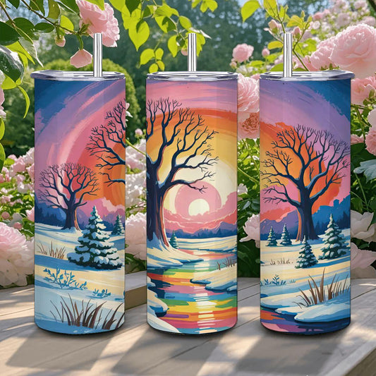 ColorFlow | Radiant Winter Sunset Tumbler | 20oz Stainless Steel Cup with Straw | Snowy Landscape Art | Nature Gift