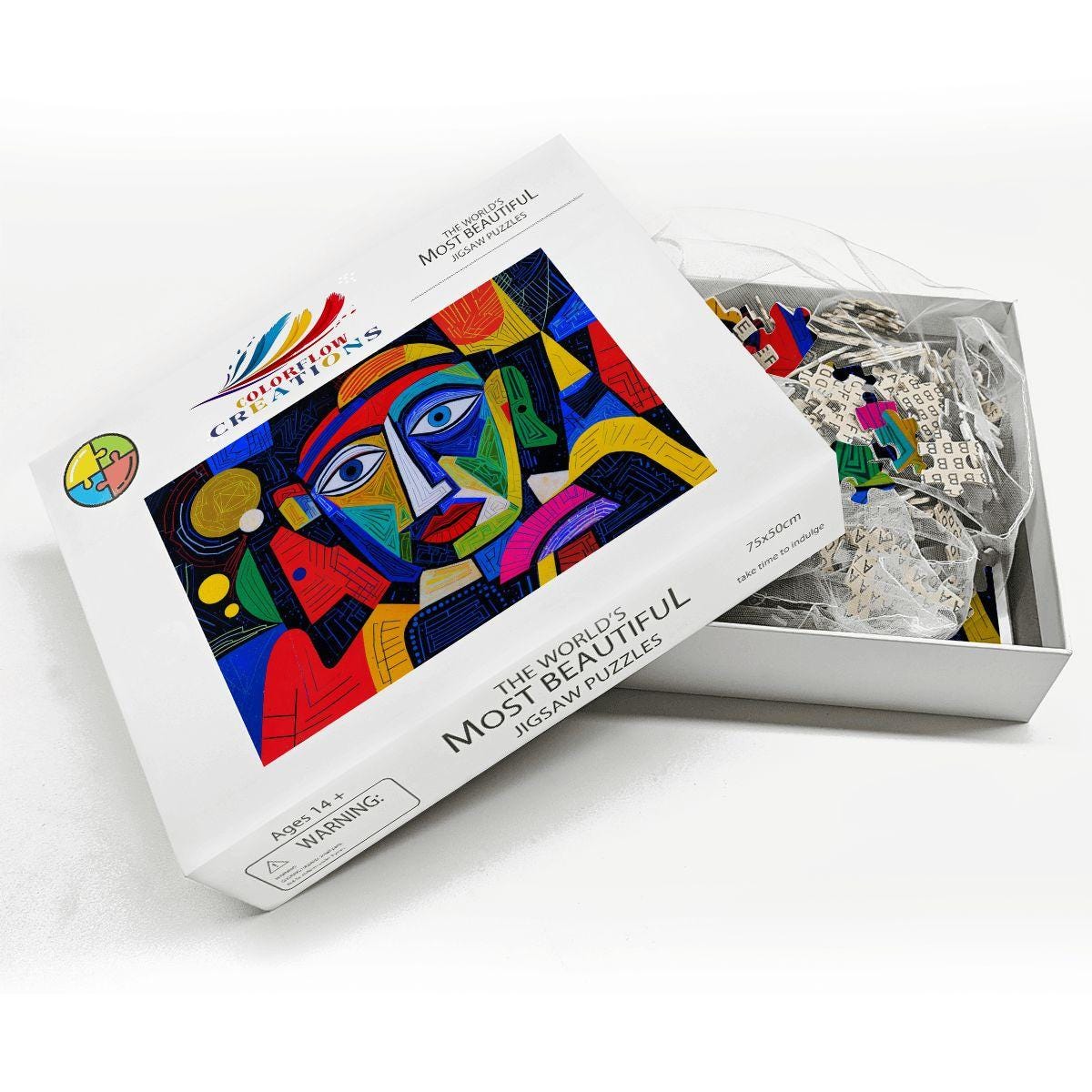 ColorFlow | Midnight Spectrum Wooden Puzzle | Picasso Inspired Colorful Face Jigsaw | Modern Art Wood Puzzle Gift