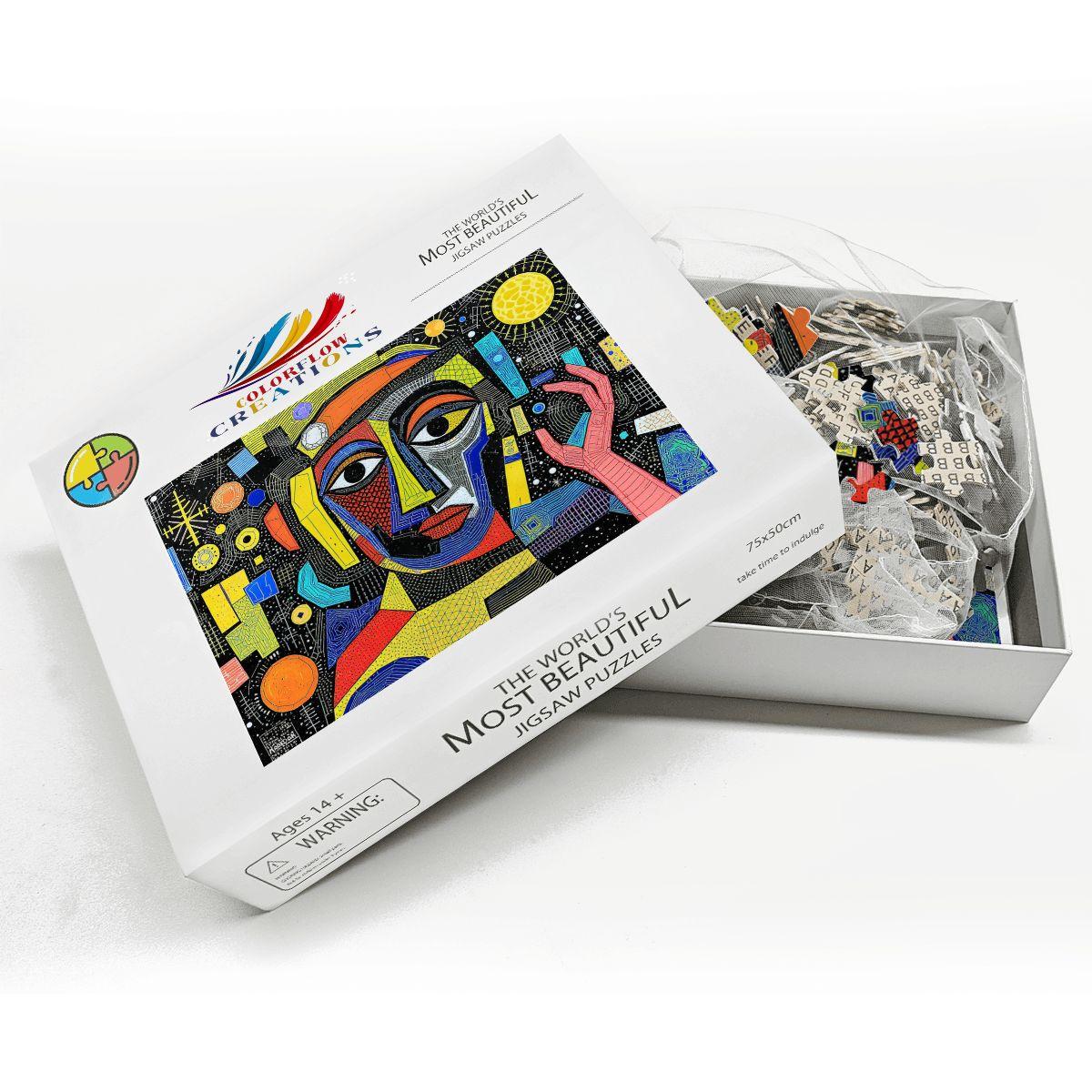 ColorFlow | Galactic Gaze Wooden Puzzle | Picasso Inspired Abstract Face Jigsaw | Modern Art Wood Puzzle Gift