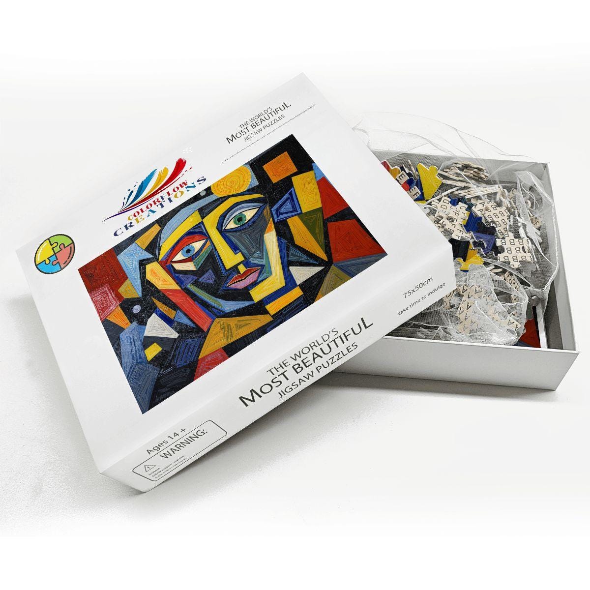 ColorFlow | Sunlit Echo Wooden Puzzle | Picasso Inspired Geometric Face Jigsaw | Modern Art Wood Puzzle Gift