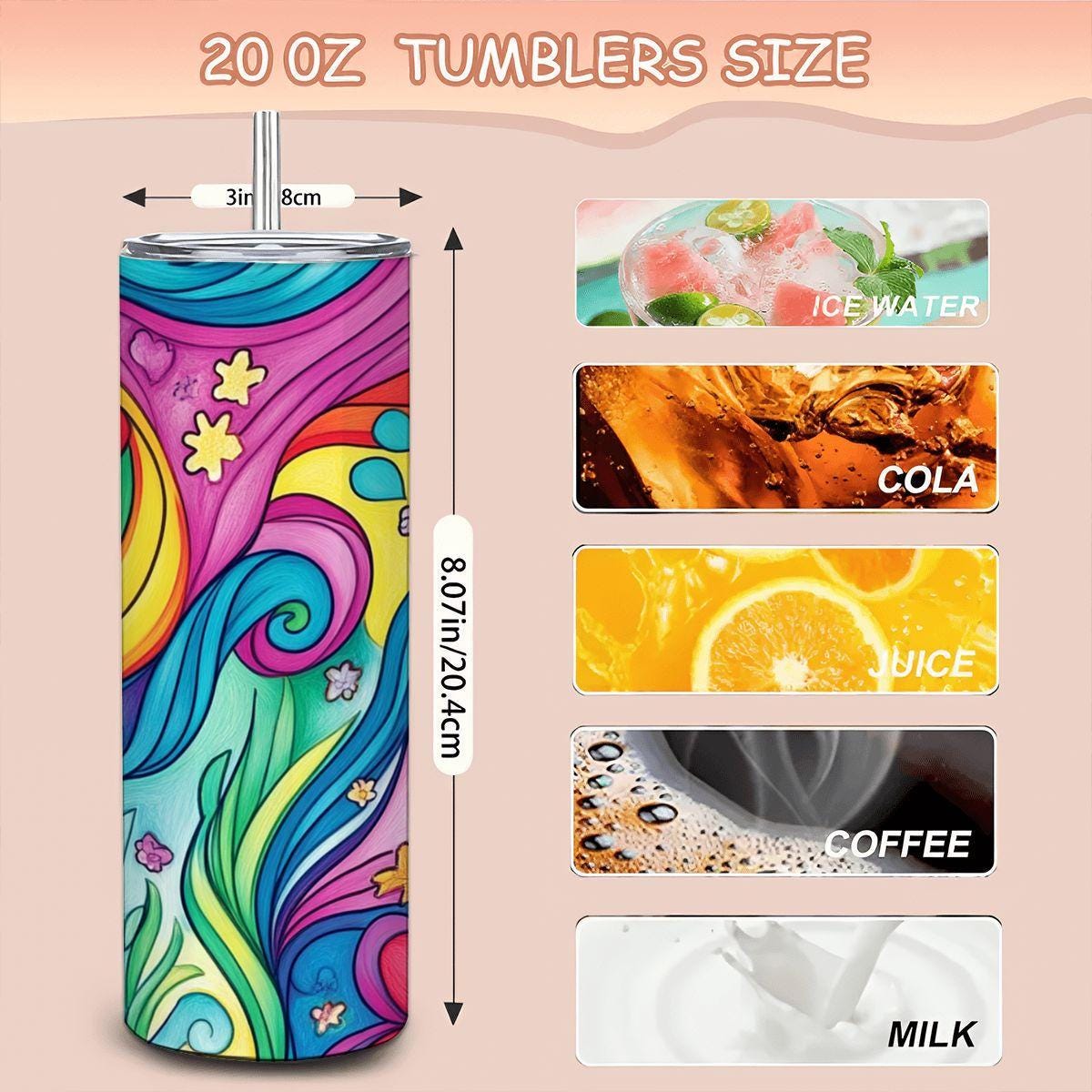 ColorFlow | Groovy Rainbow Garden 20oz Stainless Steel Tumbler with Straw | Vibrant Floral Insulated Cup for Hot or Cold Drinks