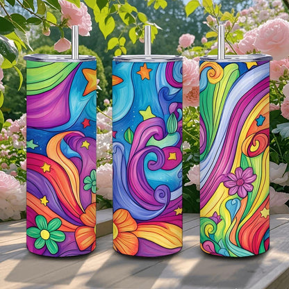 ColorFlow | Cosmic Bloom 20oz Stainless Steel Tumbler with Straw | Starry Night Rainbow Floral Insulated Travel Cup