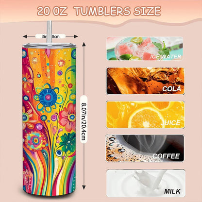 ColorFlow | Electric Garden Bloom 20oz Stainless Steel Tumbler with Straw | Bold Rainbow Floral Insulated Mug