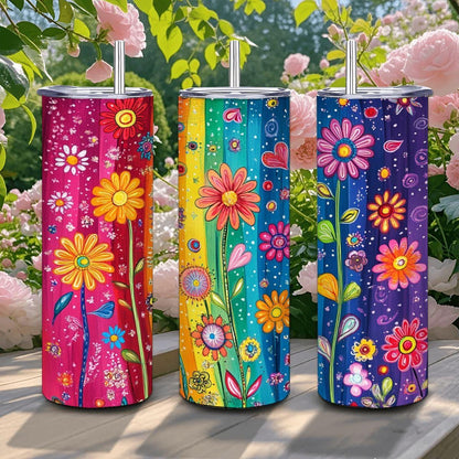 ColorFlow | Rainbow Meadow Magic 20oz Stainless Steel Tumbler with Straw | Colorful Wildflower Insulated Cup