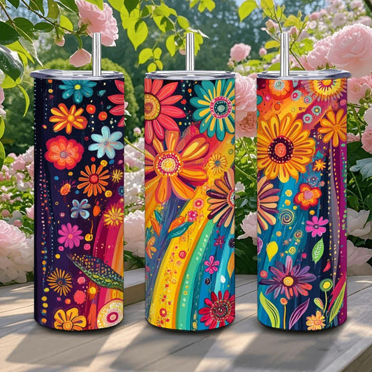 ColorFlow | Boho Rainbow Blossom 20oz Stainless Steel Tumbler with Straw | Vibrant Art Floral Insulated Cup