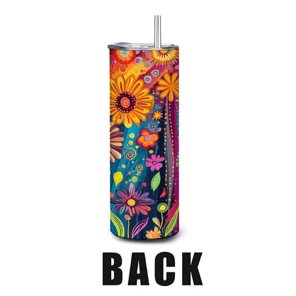 ColorFlow | Boho Rainbow Blossom 20oz Stainless Steel Tumbler with Straw | Vibrant Art Floral Insulated Cup