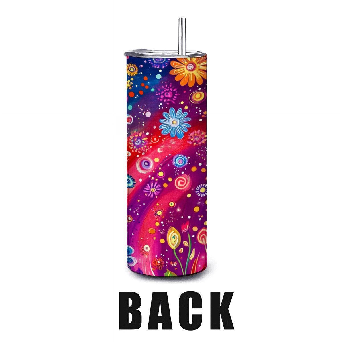 ColorFlow | Dreamy Rainbow Swirl 20oz Stainless Steel Tumbler with Straw | Whimsical Floral Art Travel Mug