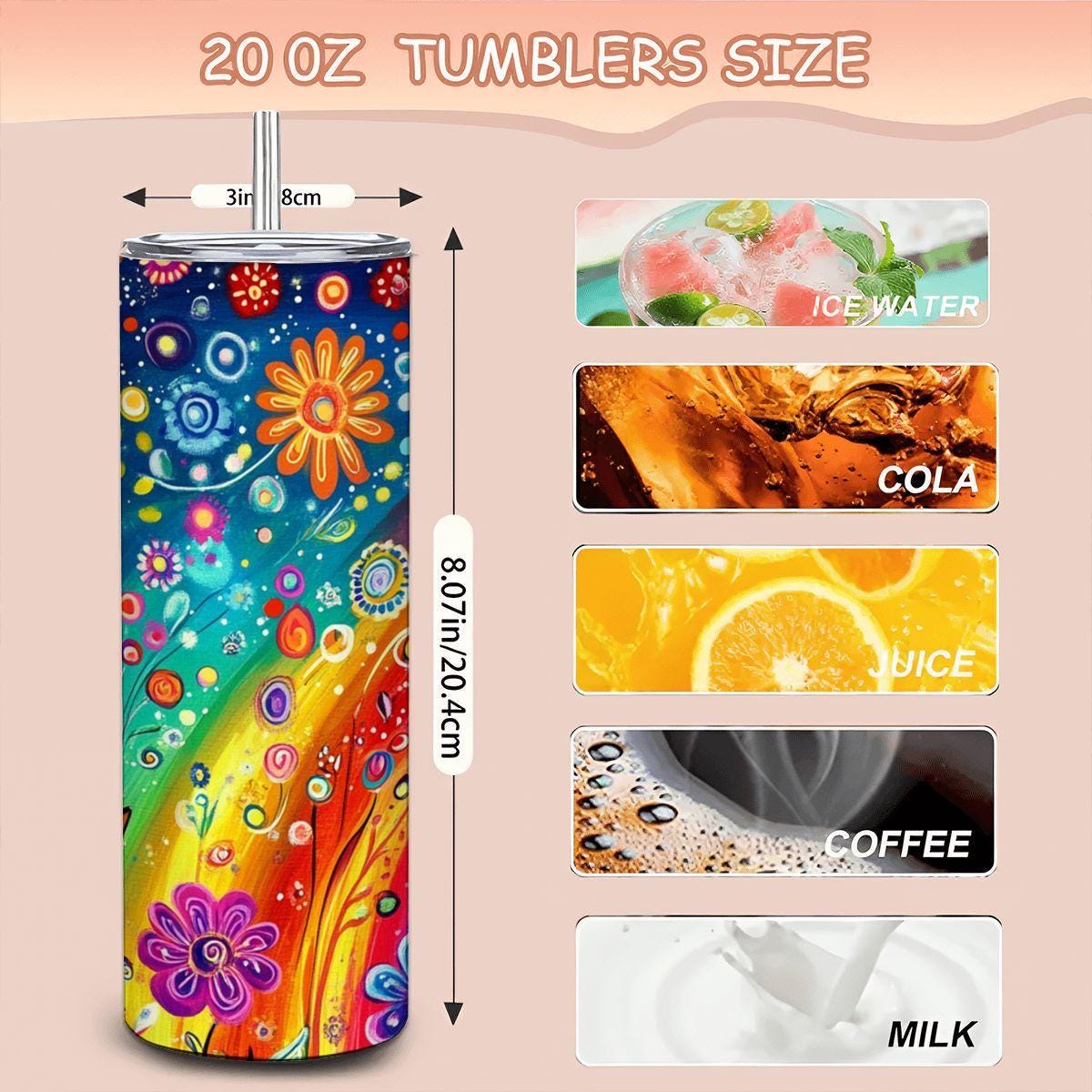 ColorFlow | Dreamy Rainbow Swirl 20oz Stainless Steel Tumbler with Straw | Whimsical Floral Art Travel Mug