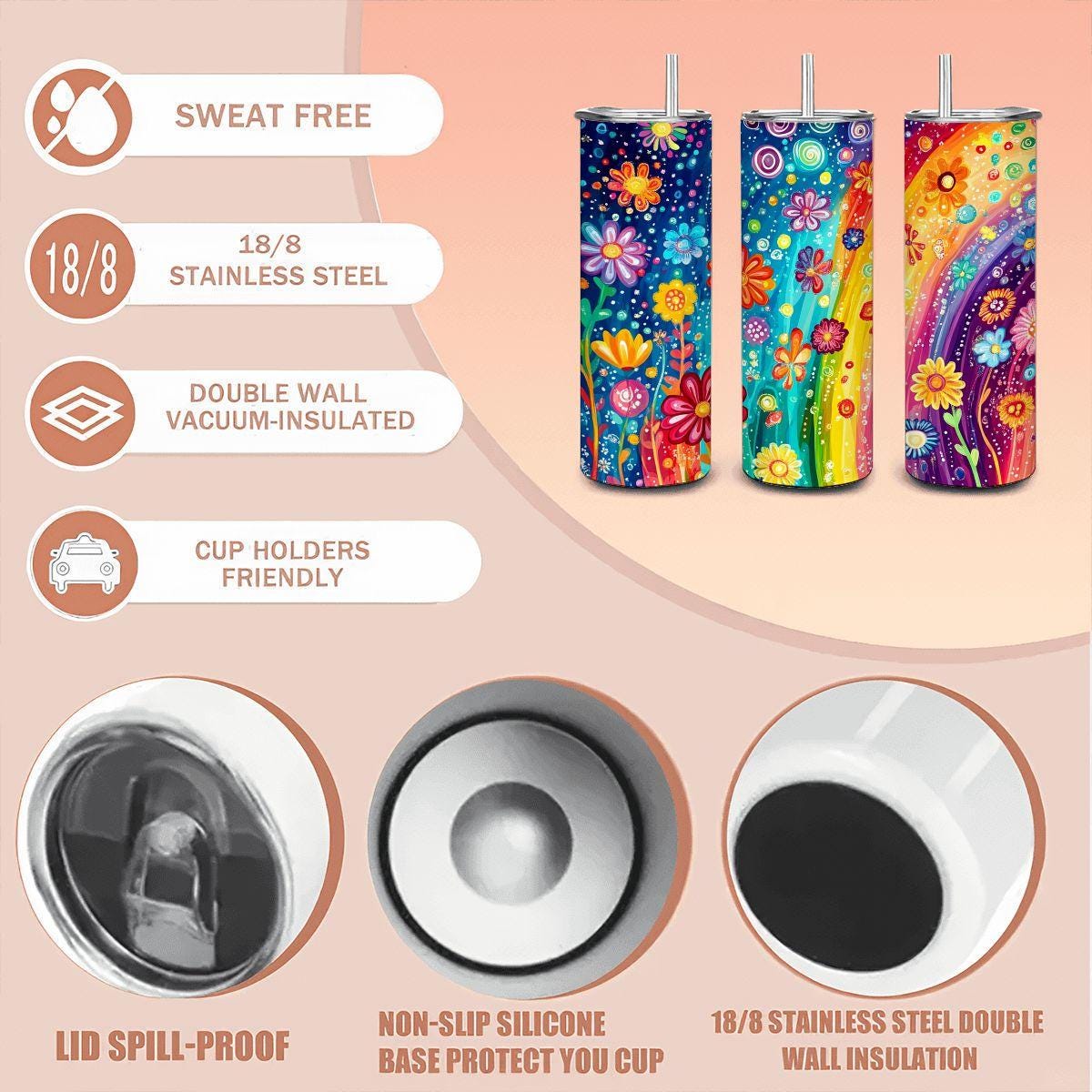 ColorFlow | Whirlwind Rainbow Garden 20oz Stainless Steel Tumbler with Straw | Vivid Floral Insulated Mug