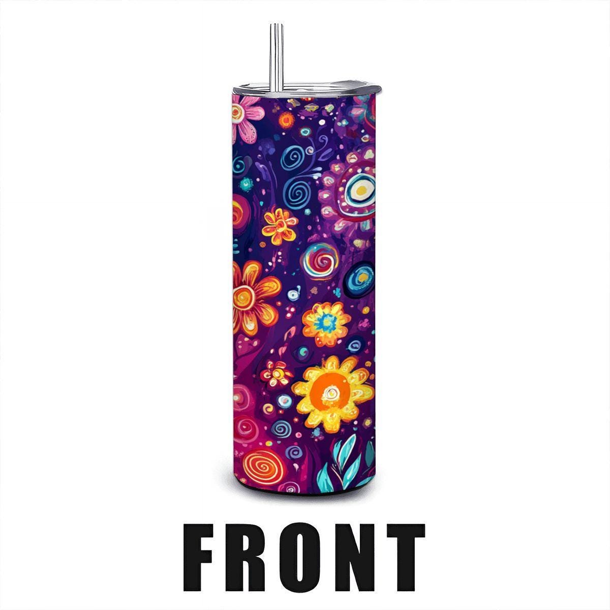 ColorFlow | Spiral Wildflower Rainbow 20oz Stainless Steel Tumbler with Straw | Vibrant Swirl Art Insulated Cup