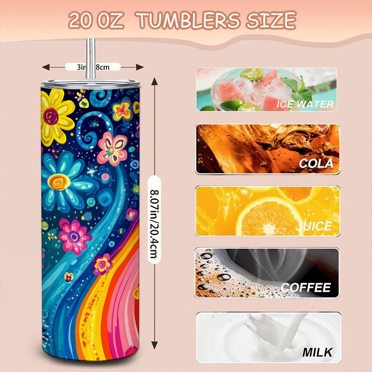ColorFlow | Carnival Blossom Rainbow 20oz Stainless Steel Tumbler with Straw | Playful Floral Art Travel Mug