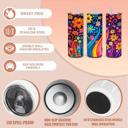 ColorFlow | Carnival Blossom Rainbow 20oz Stainless Steel Tumbler with Straw | Playful Floral Art Travel Mug