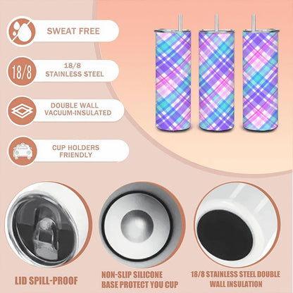 ColorFlow | Pastel Plaid 20oz Stainless Steel Tumbler with Straw | Insulated Coffee Travel Mug | Trendy Eco Drinkware