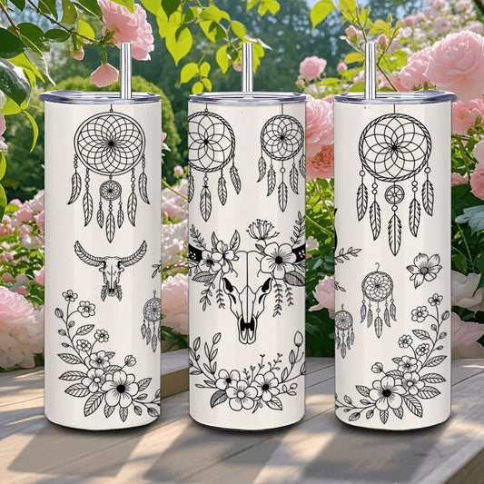 ColorFlow | Boho Western Floral Dreamcatcher 20oz Stainless Tumbler with Straw | Skull Art Coffee Mug | Gift for Her