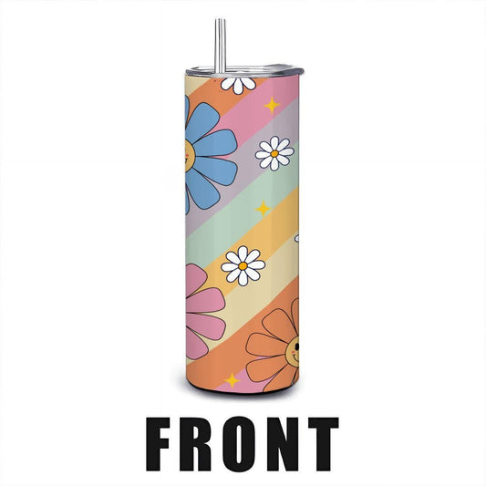 ColorFlow | Smiley Flower Power 20oz Stainless Steel Tumbler with Straw | Pastel Retro Insulated Cup | Happy Gift
