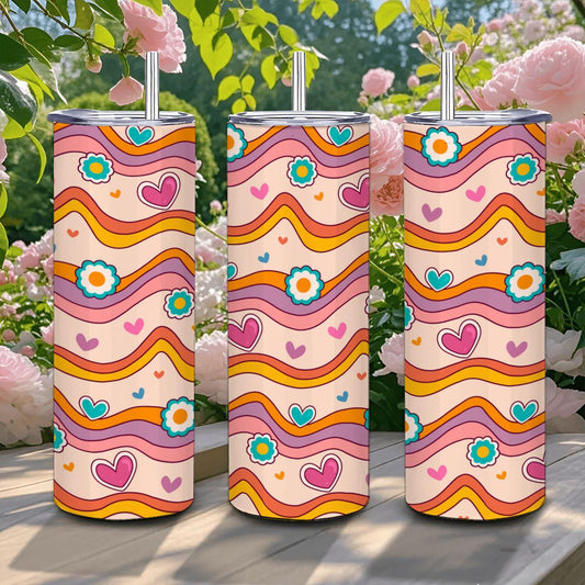 ColorFlow | Groovy Heart Waves 20oz Stainless Steel Tumbler with Straw | Retro Love Floral Cup | Colorful Gift