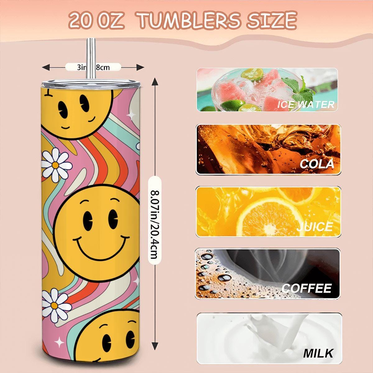 ColorFlow | Groovy Smiley Wave 20oz Stainless Steel Tumbler with Straw | Retro Happy Face Floral Cup | Fun Gift