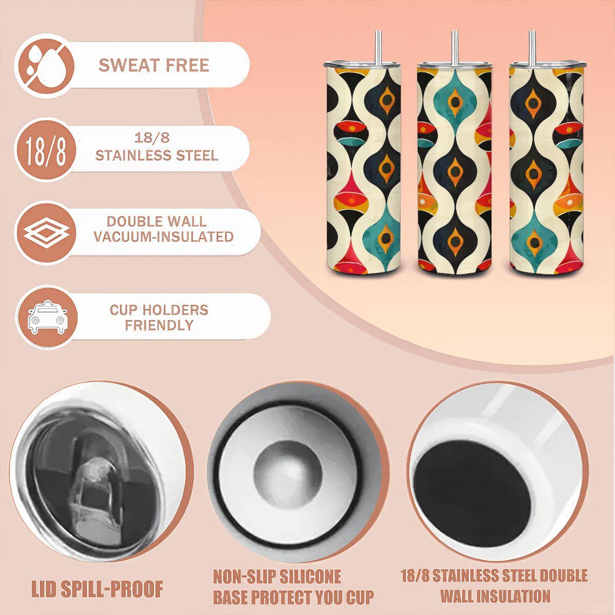 ColorFlow | Retro Vibes Mid Century Modern Abstract 20oz Stainless Steel Tumbler | Colorful Insulated Travel Mug Gift