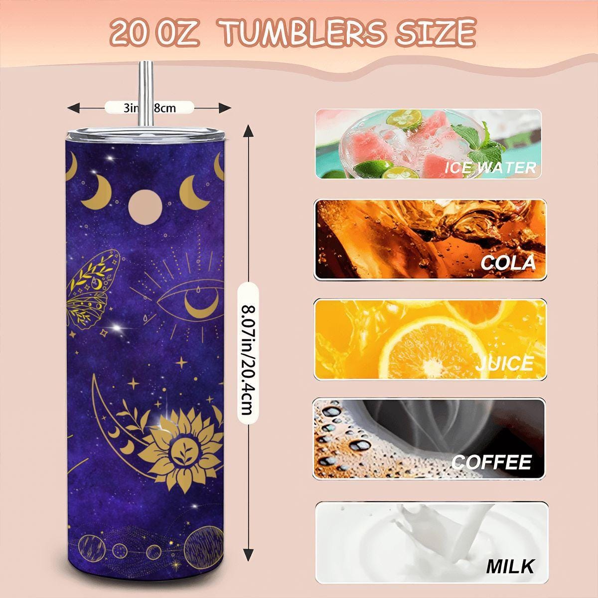 ColorFlow | Celestial Gold Cosmic 20oz Stainless Steel Tumbler with Straw | Moon Sun Galaxy Astrology Travel Mug Gift