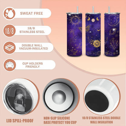 ColorFlow | Celestial Gold Cosmic 20oz Stainless Steel Tumbler with Straw | Moon Sun Galaxy Astrology Travel Mug Gift