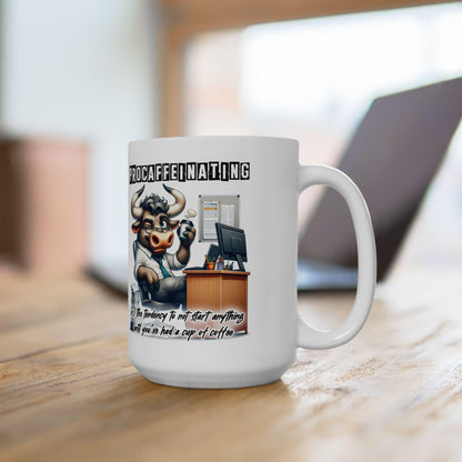 ColorFlow | Funny Coffee Mug Procaffeinating Bull Office Humor Cup | 15 oz Coffee Lover Gift for Coworkers and Friends