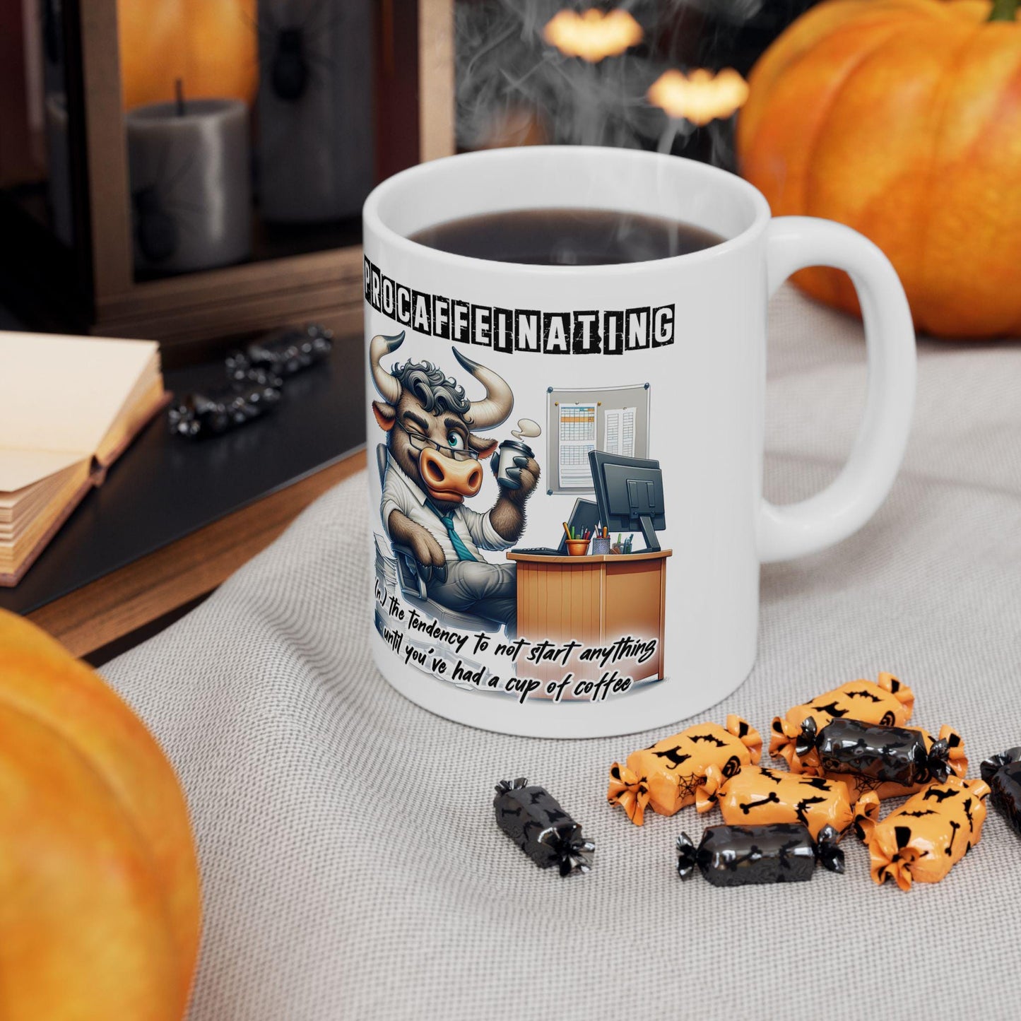 ColorFlow | Funny Coffee Mug Procaffeinating Bull Office Humor Cup | 15 oz Coffee Lover Gift for Coworkers and Friends