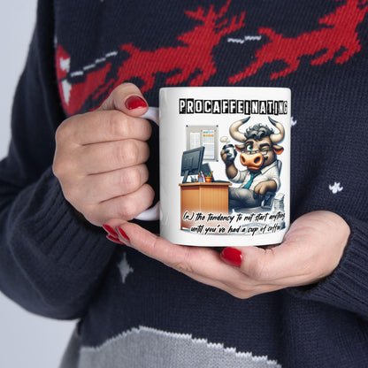 ColorFlow | Funny Coffee Mug Procaffeinating Bull Office Humor Cup | 15 oz Coffee Lover Gift for Coworkers and Friends