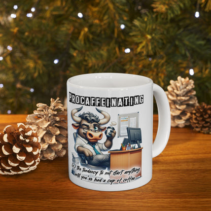ColorFlow | Funny Coffee Mug Procaffeinating Bull Office Humor Cup | 15 oz Coffee Lover Gift for Coworkers and Friends