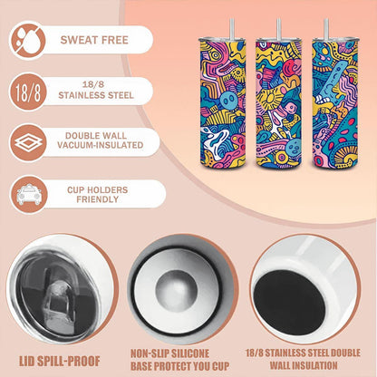 ColorFlow | Colorful Doodle Art Tumbler | 20oz Stainless Steel Tumbler with Straw | Funky Abstract Travel Mug | Artistic Gift
