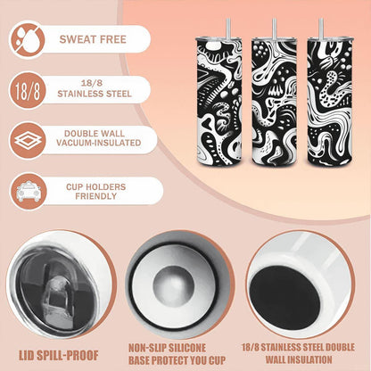 ColorFlow | Monochrome Organic Abstract Tumbler | 20oz Stainless Steel Tumbler with Straw | Black White Modern Art Cup