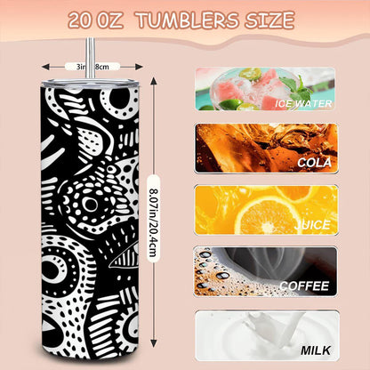 ColorFlow | Surreal Doodle Faces Tumbler | 20oz Stainless Steel Tumbler with Straw | Black White Abstract Art Mug