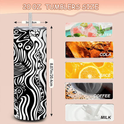 ColorFlow | Wavy Lines Abstract Tumbler | 20oz Stainless Steel Tumbler with Straw | Black White Modern Art Mug