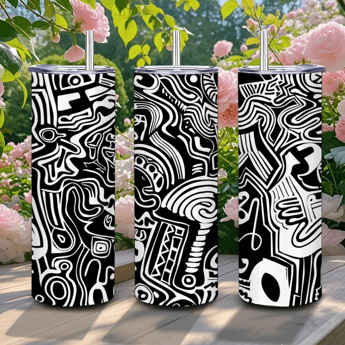 ColorFlow | Urban Graffiti Doodle Tumbler | 20oz Stainless Steel Tumbler with Straw | Black White Abstract Art Mug
