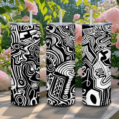 ColorFlow | Urban Graffiti Doodle Tumbler | 20oz Stainless Steel Tumbler with Straw | Black White Abstract Art Mug