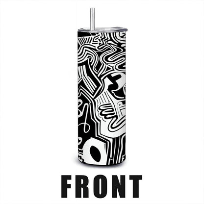 ColorFlow | Urban Graffiti Doodle Tumbler | 20oz Stainless Steel Tumbler with Straw | Black White Abstract Art Mug