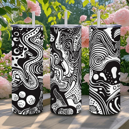 ColorFlow | Flowing Monochrome Abstract Tumbler | 20oz Stainless Steel Tumbler with Straw | Black White Art Mug