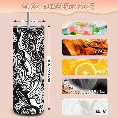 ColorFlow | Flowing Monochrome Abstract Tumbler | 20oz Stainless Steel Tumbler with Straw | Black White Art Mug
