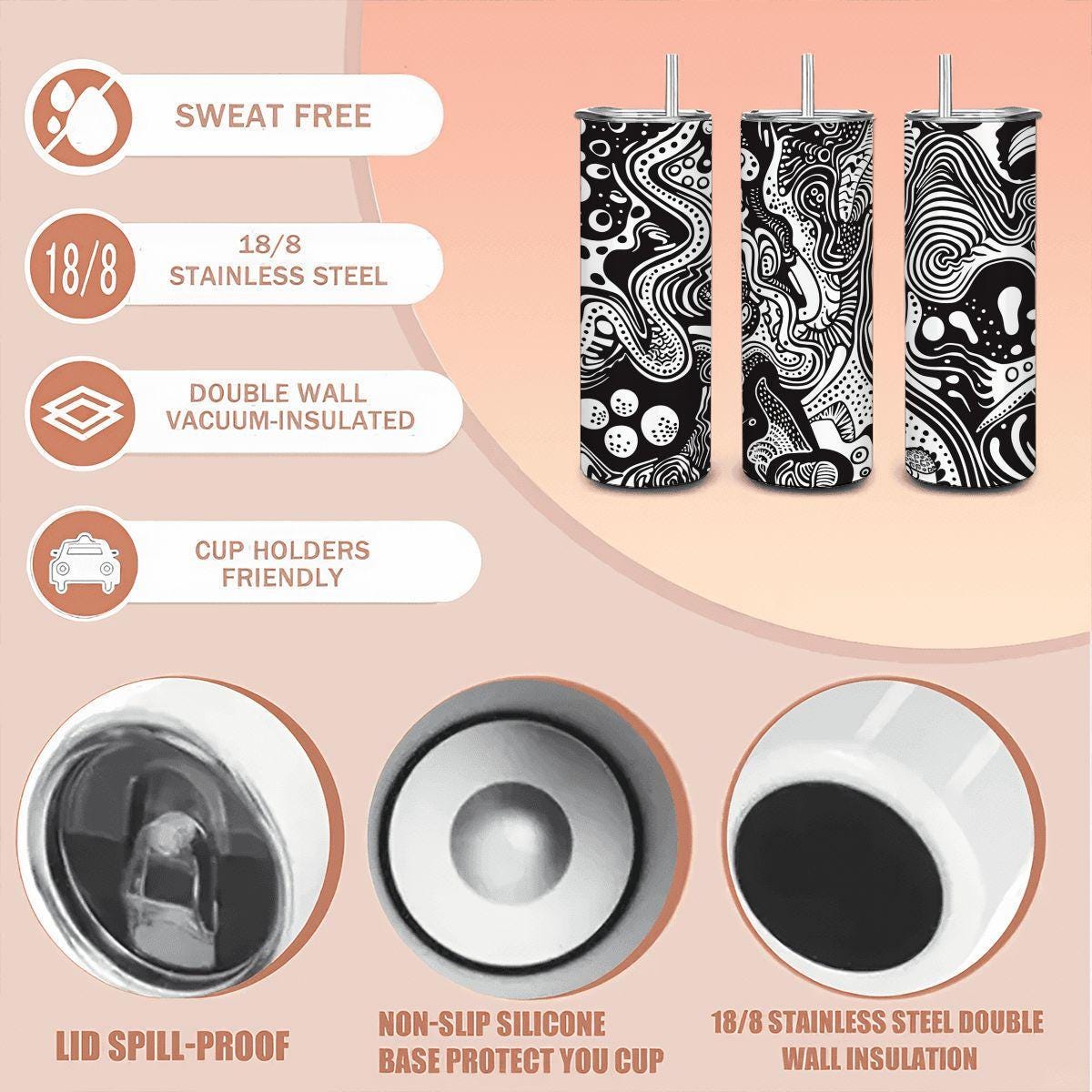 ColorFlow | Flowing Monochrome Abstract Tumbler | 20oz Stainless Steel Tumbler with Straw | Black White Art Mug