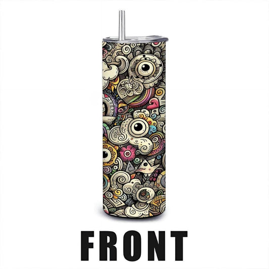 ColorFlow | Playful Emoji Doodle Tumbler | 20oz Stainless Steel Tumbler with Straw | Fun Cartoon Cloud Doodle Mug