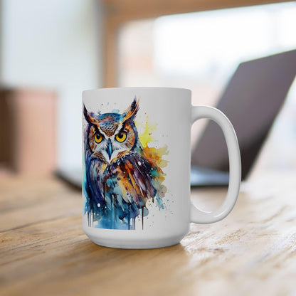 ColorFlow | Watercolor Owl Mug | Vibrant Abstract 15oz Ceramic Coffee Cup | Artistic Gift for Owl Lovers and Creatives
