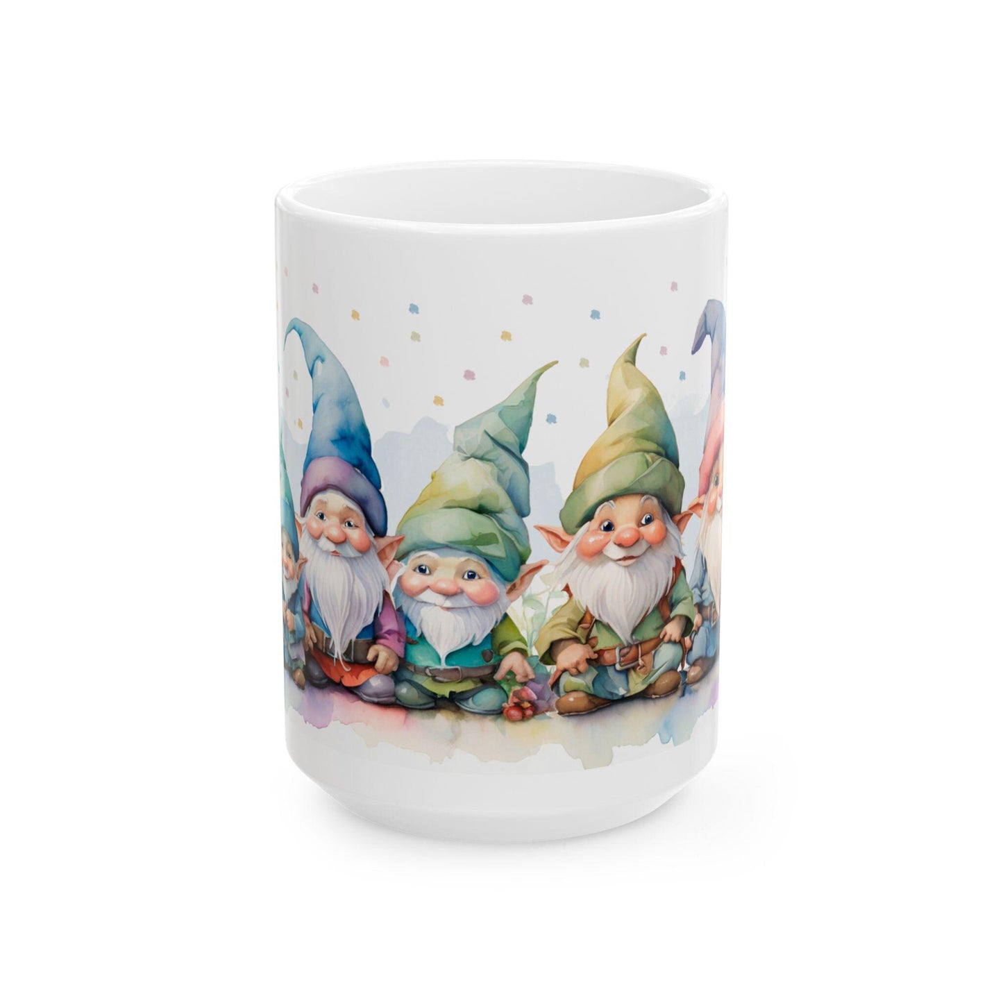 ColorFlow | Gnome Friends Mug | Whimsical 15oz Ceramic Coffee Cup | Cute Fantasy Gift for Garden and Art Lovers
