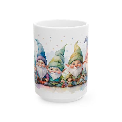 ColorFlow | Gnome Friends Mug | Whimsical 15oz Ceramic Coffee Cup | Cute Fantasy Gift for Garden and Art Lovers